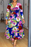 Green Floral Print V Neck Long Sleeve Plus Size Casual Vacation Maxi Dresses