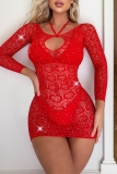 Black Hot Drilling Backless Hollow Out See-Through Long Sleeve Lingerie