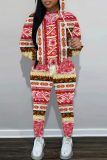 Blue Graphics Print Hooded Long Sleeve Sweatshirt And Skinny Pants Casual Two Pieces Jogger Sets