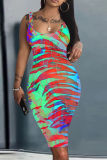 Orange Graphics Print Sleeveless U Neck Casual Outing Plus Size Vest Midi Dresses