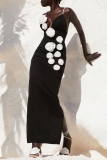 Black 3D Flowers Decor Sleeveless Backless Spaghetti Strap Slit Formal Evening Party Prom Bodycon Maxi Slip Dresses