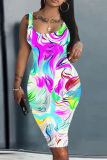 Orange Graphics Print Sleeveless U Neck Casual Outing Plus Size Vest Midi Dresses