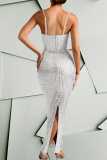 Pink Hot Drilling Backless Sleeveless Slit Formal Evening Party Prom Bodycon Shimmer Maxi Dress
