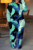 Green Graphics Print Round Neck Long Sleeve Sweatshirt and Sweatpants Plus Size Fall Winter Two Pieces Sweatsuits Sets