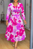 Green Floral Print V Neck Long Sleeve Plus Size Casual Vacation Maxi Dresses