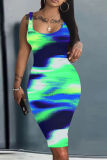 Orange Graphics Print Sleeveless U Neck Casual Outing Plus Size Vest Midi Dresses