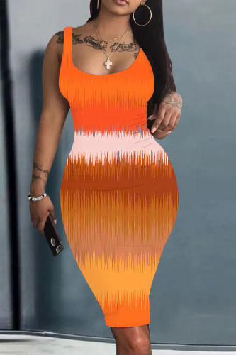Orange Graphics Print Sleeveless U Neck Casual Outing Plus Size Vest Midi Dresses