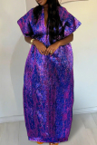Purple V Neck Long Sleeve Floor Length Loose Formal Evening Party Prom Crumpling Kaftan Maxi Dress