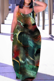 Multicolor Graphics Print Sleeveless Backless Spaghetti Strap Floor Length Casual Outing Straight Loose Maxi Slip Dress