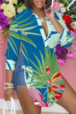 Rose Red Floral Print Shirt Collar Long Sleeve Buttons Slit Casual Vacation Shirt Tops