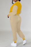 Brown O Neck Long Sleeve Varsity Jacket and Drawstring Pant Casual Sportwear Pocket Two Piece Tracksuit Sets