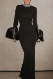 Black Hot Drill Half A Turtleneck Flare Sleeve Formal Evening Party Prom Wedding Bodycon Maxi Dresses