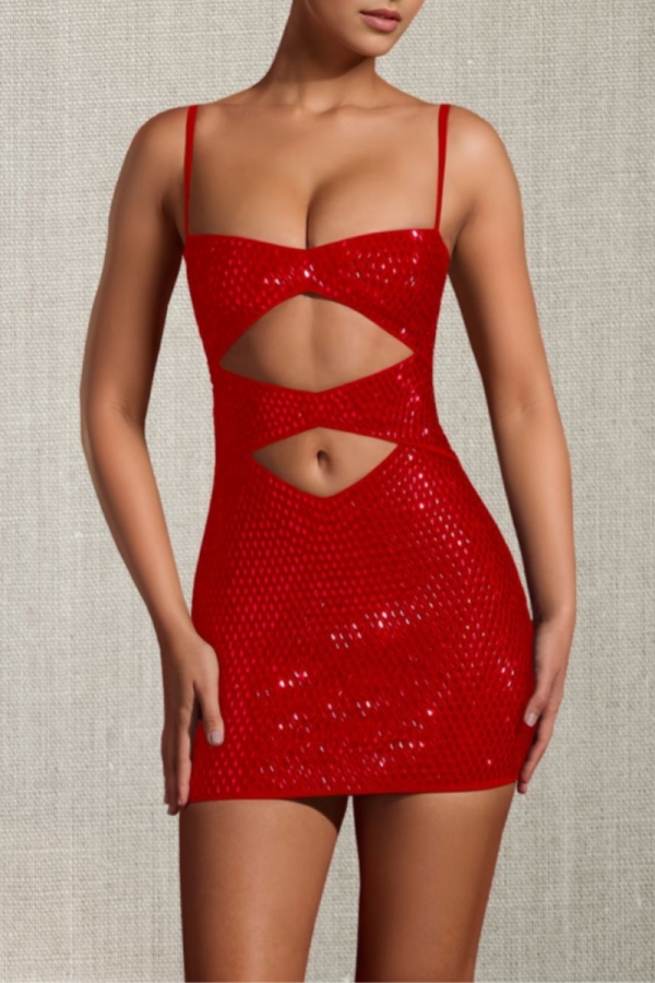 Red Hot Drill Hollow Out Backless Spaghetti Strap Formal Evening Party Prom Shimmer Bodycon Mini Dresses