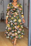 Green Floral Print V Neck Long Sleeve Plus Size Casual Vacation Maxi Dresses