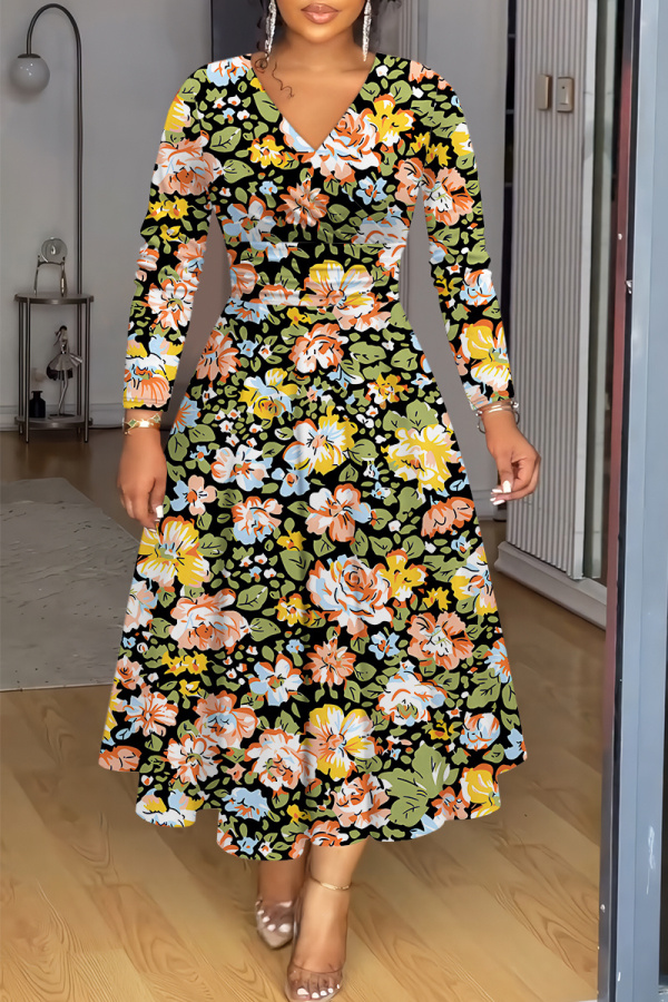 Green Floral Print V Neck Long Sleeve Plus Size Casual Vacation Maxi Dresses