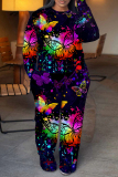 Black Pink Butterfly Print Round Neck Long Sleeve Sweatshirt and Sweatpants Plus Size Fall Winter Two Pieces Sweatsuits Sets
