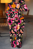 Black Pink Butterfly Print Round Neck Long Sleeve Sweatshirt and Sweatpants Plus Size Fall Winter Two Pieces Sweatsuits Sets