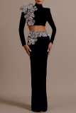 Black Hot Drill 3D Flowers Decor Turtleneck Long Sleeve Crop Tops And Slit Maxi Skirt Formal Evening Party Prom Two Pieces Dress Sets