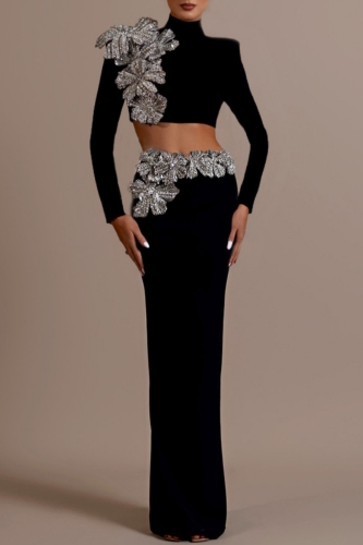 Black Hot Drill 3D Flowers Decor Turtleneck Long Sleeve Crop Tops And Slit Maxi Skirt Formal Evening Party Prom Two Pieces Dress Sets