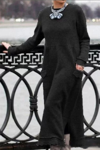 Claret Street O Neck Long Sleeve Floor Length Straight Loose Knitted Sweatshirt Maxi Dresses