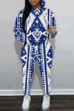 Blue Graphics Print Hooded Long Sleeve Sweatshirt And Skinny Pants Casual Two Pieces Jogger Sets
