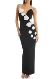 Black 3D Flowers Decor Sleeveless Backless Spaghetti Strap Slit Formal Evening Party Prom Bodycon Maxi Slip Dresses