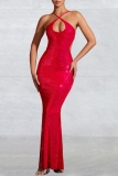 Red Hot Drill Hollow Out Backless Spaghetti Strap Formal Evening Party Prom Wedding Guest Bodycon Maxi Dresses