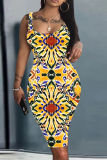 Yellow Graphics Print Sleeveless U Neck Casual Outing Plus Size Vest Midi Dresses