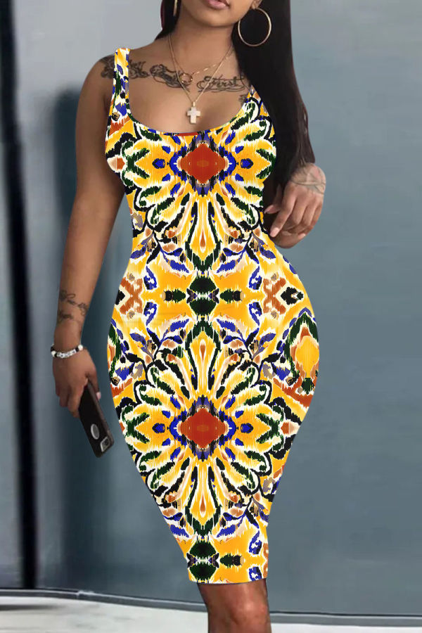 Yellow Graphics Print Sleeveless U Neck Casual Outing Plus Size Vest Midi Dresses