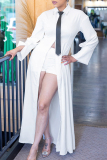 White Shirt Collar with Black Tie Long Sleeve High Slit Formal Evening Maxi Shirt Dress and Shorts Two Piece Short Sets