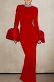 Black Hot Drill Half A Turtleneck Flare Sleeve Formal Evening Party Prom Wedding Bodycon Maxi Dresses