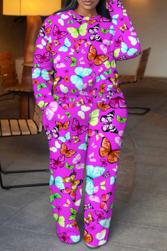Black Pink Butterfly Print Round Neck Long Sleeve Sweatshirt and Sweatpants Plus Size Fall Winter Two Pieces Sweatsuits Sets