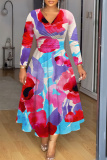 Green Floral Print V Neck Long Sleeve Plus Size Casual Vacation Maxi Dresses