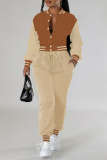 Brown O Neck Long Sleeve Varsity Jacket and Drawstring Pant Casual Sportwear Pocket Two Piece Tracksuit Sets