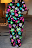 Black Pink Butterfly Print Round Neck Long Sleeve Sweatshirt and Sweatpants Plus Size Fall Winter Two Pieces Sweatsuits Sets