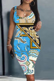 Yellow Graphics Print Sleeveless U Neck Casual Outing Plus Size Vest Midi Dresses