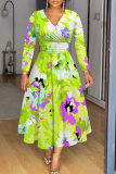 Green Floral Print V Neck Long Sleeve Plus Size Casual Vacation Maxi Dresses