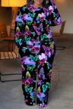 Black Pink Butterfly Print Round Neck Long Sleeve Sweatshirt and Sweatpants Plus Size Fall Winter Two Pieces Sweatsuits Sets