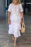 White O Neck Short Sleeve Ruffle Hem Stringy Selvedge Casual Cotton Linen Midi Dresses