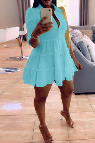 Sky Blue Fashion Casual Solid Turndown Collar Shirt Dress