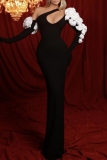 Black One Shoulder Cut-Out 3D Floral Long Sleeve Bodycon Fishtail Prom Party Maxi Dresses