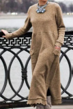 Claret Street O Neck Long Sleeve Floor Length Straight Loose Knitted Sweatshirt Maxi Dresses