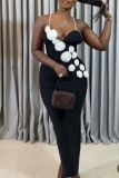 Black 3D Flowers Decor Sleeveless Backless Spaghetti Strap Slit Formal Evening Party Prom Bodycon Maxi Slip Dresses