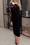 Black Turndown Collar Long Sleeve Formal Evening Party Prom Lace Bodycon Maxi Dresses