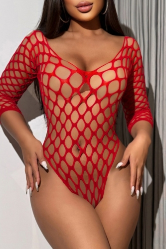 Red Hollow Out See-Through Backless Mesh Lingerie One Piece Bodysuit