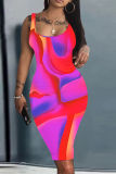 Orange Graphics Print Sleeveless U Neck Casual Outing Plus Size Vest Midi Dresses