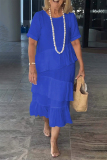 White O Neck Short Sleeve Ruffle Hem Stringy Selvedge Casual Cotton Linen Midi Dresses