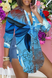 Rose Red Floral Print Shirt Collar Long Sleeve Buttons Slit Casual Vacation Shirt Tops