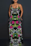 Multicolor Graphics Print Sleeveless Backless Spaghetti Strap Floor Length Casual Outing Straight Loose Floral Maxi Slip Dress