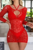 Black Hot Drilling Backless Hollow Out See-Through Long Sleeve Lingerie